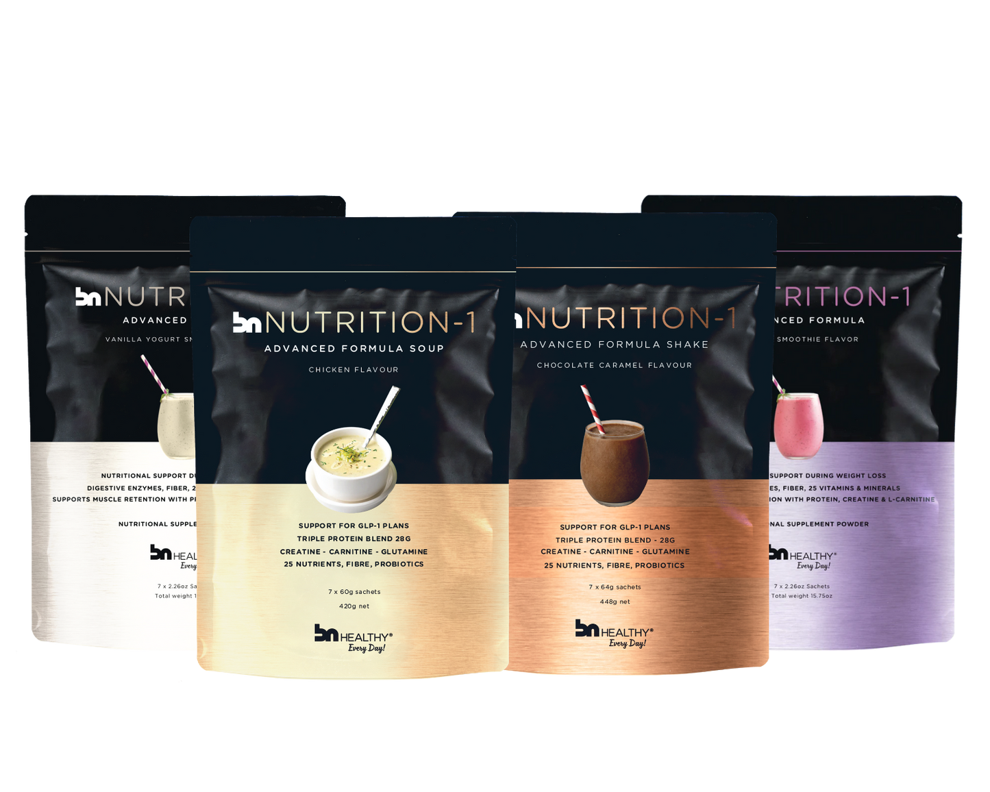 Four packages of Nutrition-1 Advanced Formula Soup and Shake on a white background