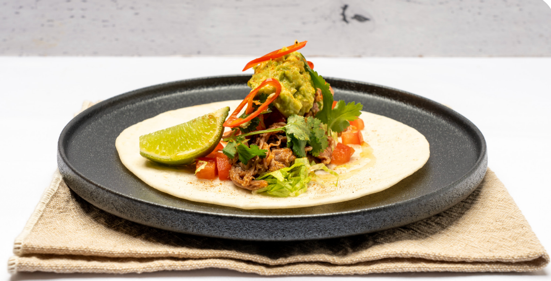 Pulled Pork Taco with Refried Beans, Soft Tortilla Wrap, and Cheese