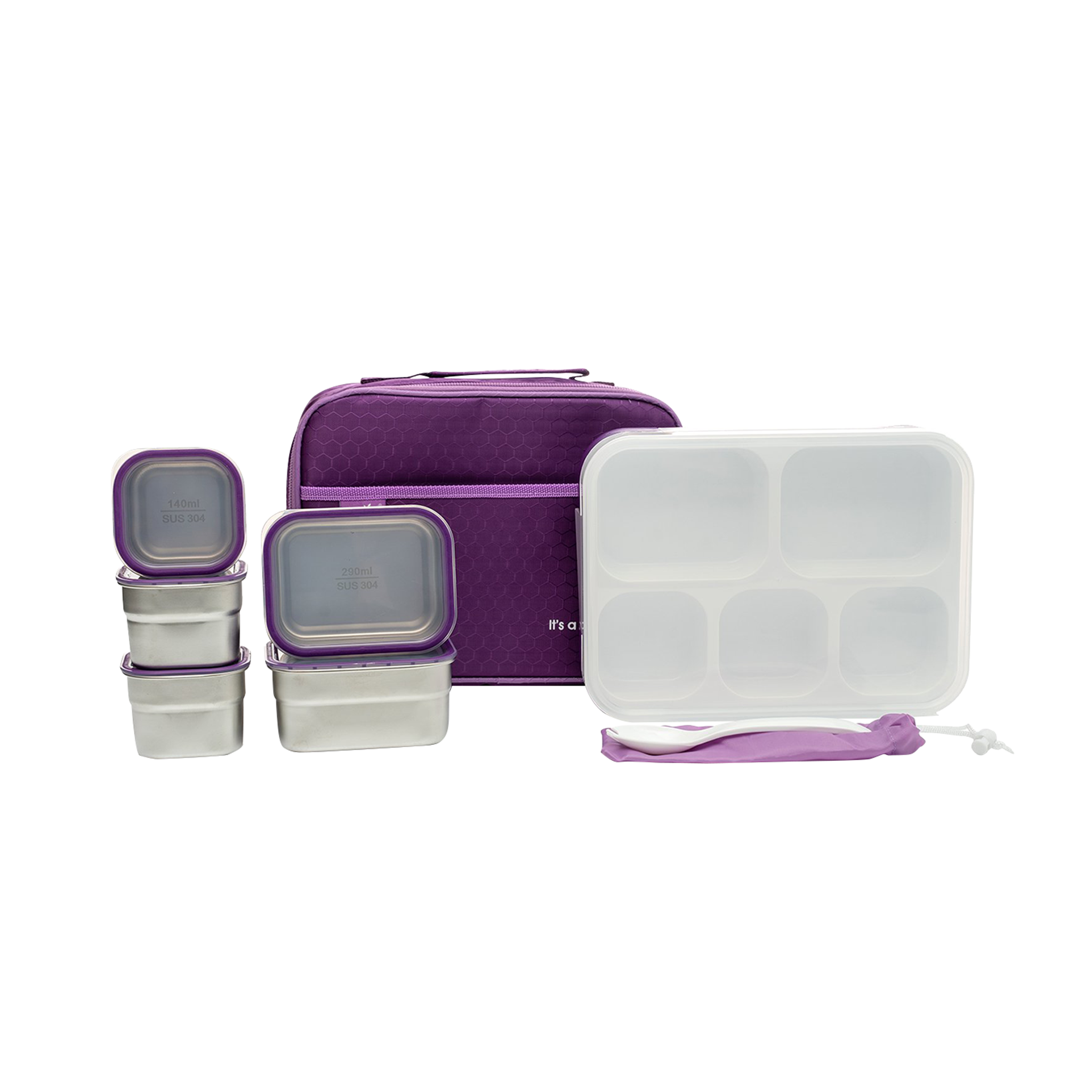 Lunch Box with 5 Stainless Steel Containers + Insulated Carry Bag