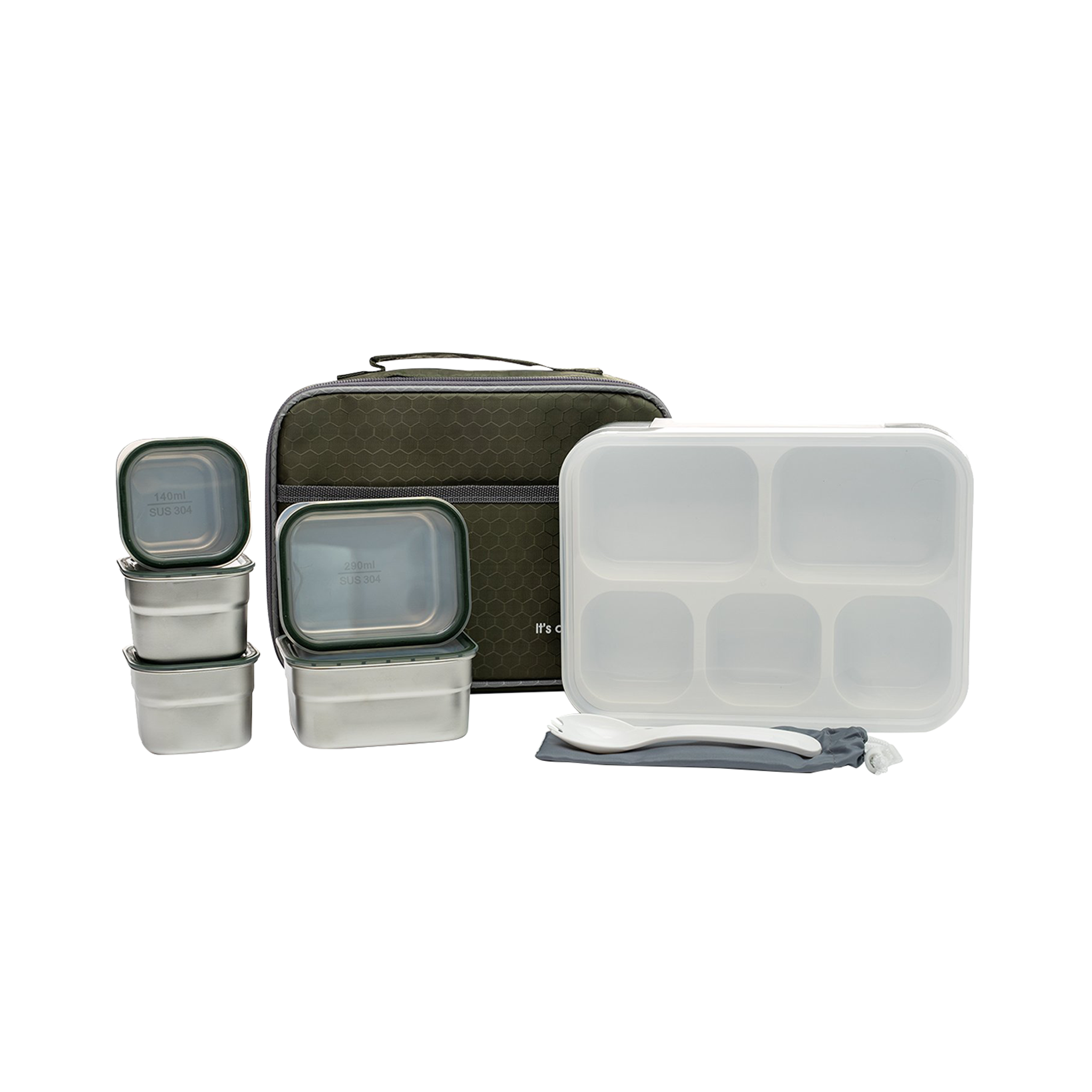 Lunch Box with 5 Stainless Steel Containers + Insulated Carry Bag