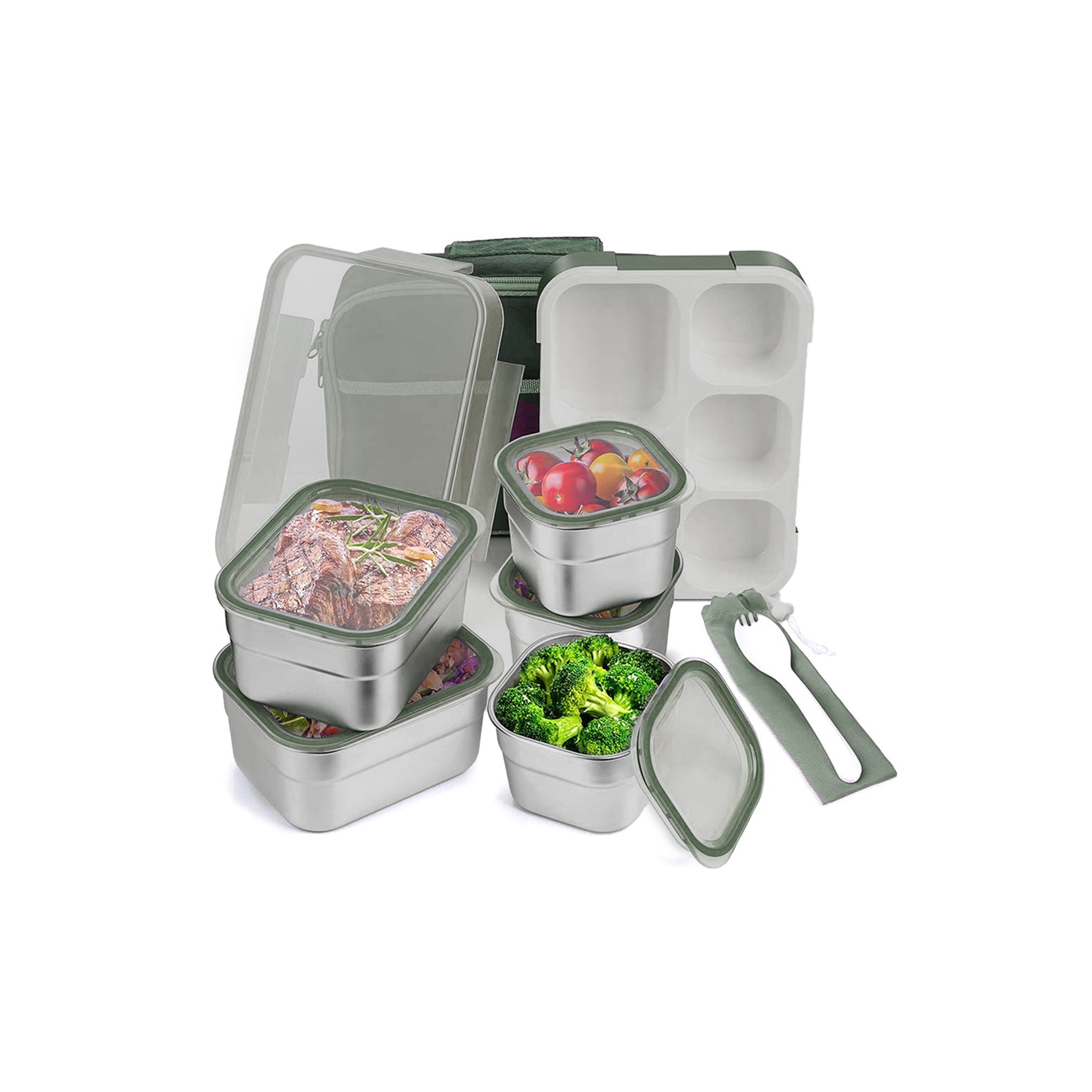 Lunch Box with 5 Stainless Steel Containers + Insulated Carry Bag