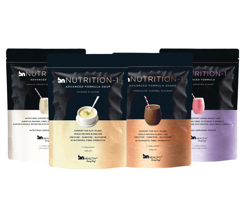 Four packages of Nutrition-1 Advanced Formula Soup and Shake on a white background