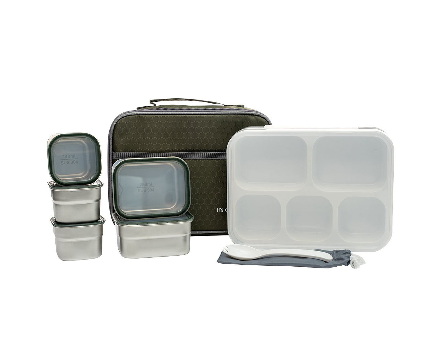 Lunch Box with 5 Stainless Steel Containers + Insulated Carry Bag Green