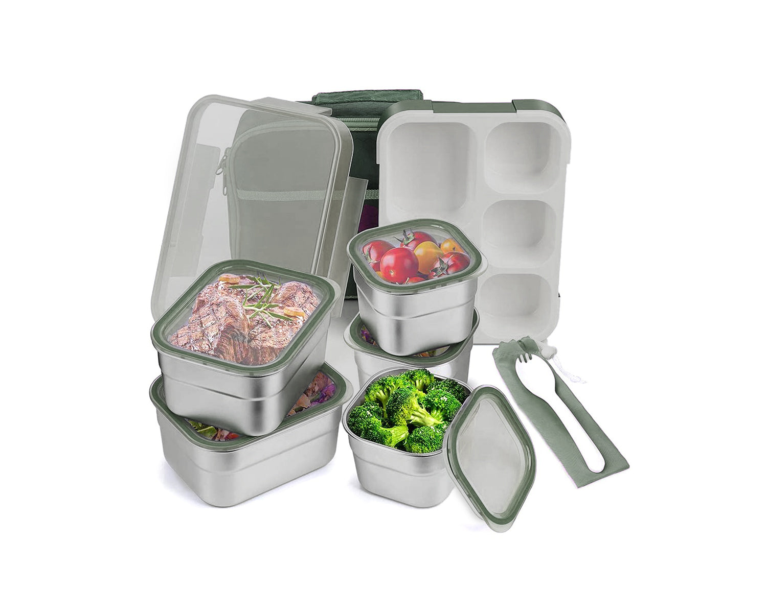 Lunch Box with 5 Stainless Steel Containers + Insulated Carry Bag Green with food image