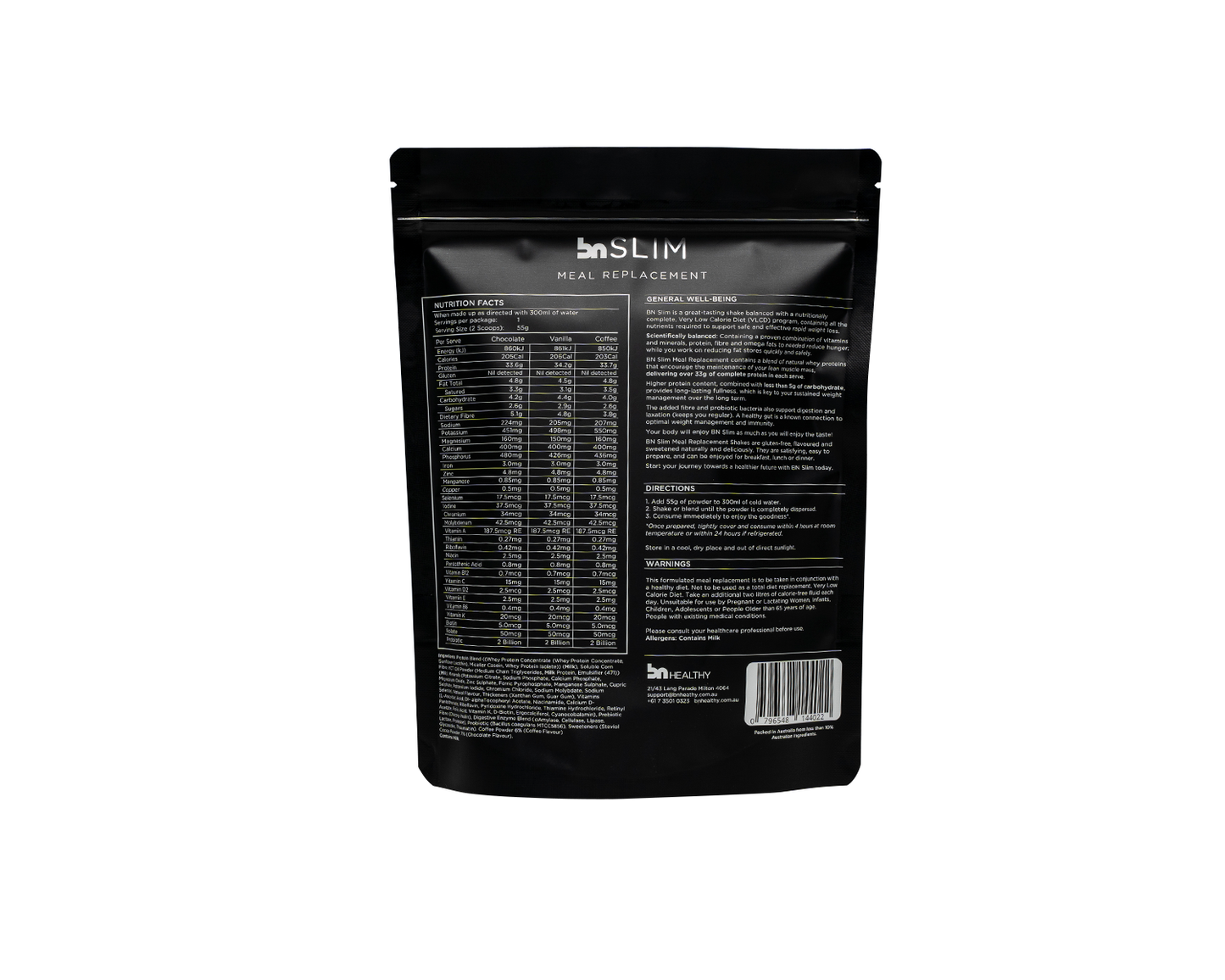 BN Slim Trial Pack Meal Replacement Shakes nutritional information 