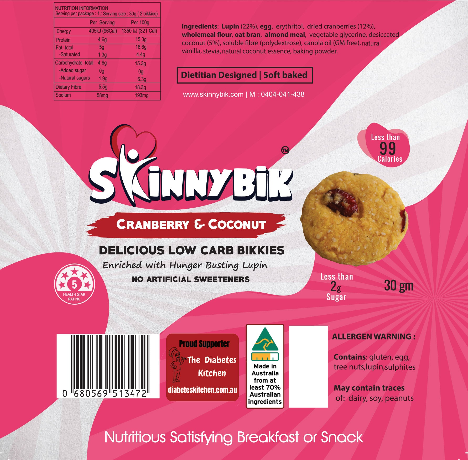 Skinnybik Lupin Biscuits Cranberry & Coconut flavour 