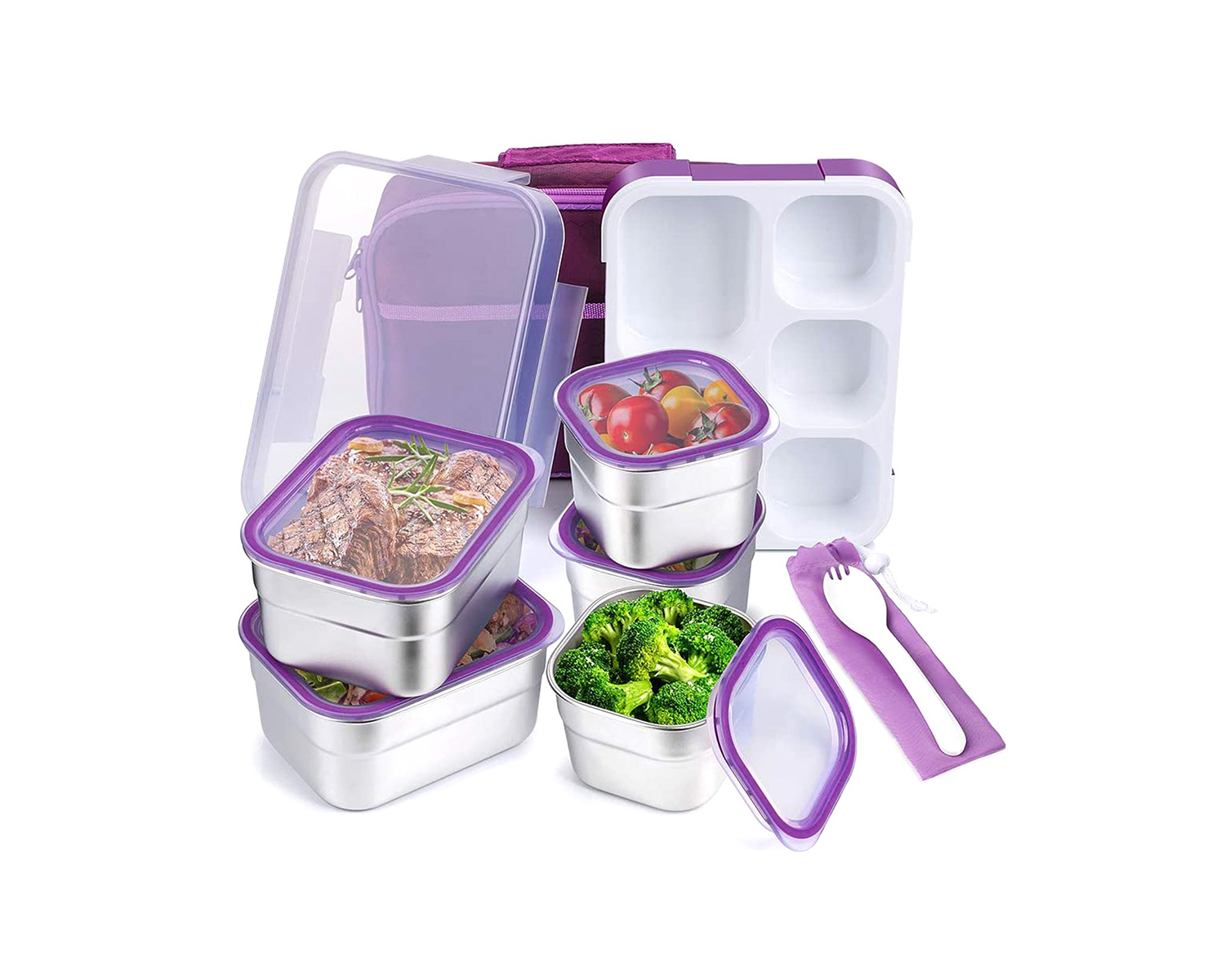 Lunch Box with 5 Stainless Steel Containers + Insulated Carry Bag Purple with food image