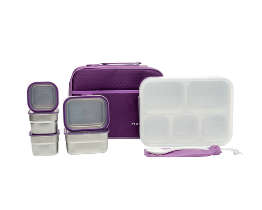 Lunch Box with 5 Stainless Steel Containers + Insulated Carry Bag Purple